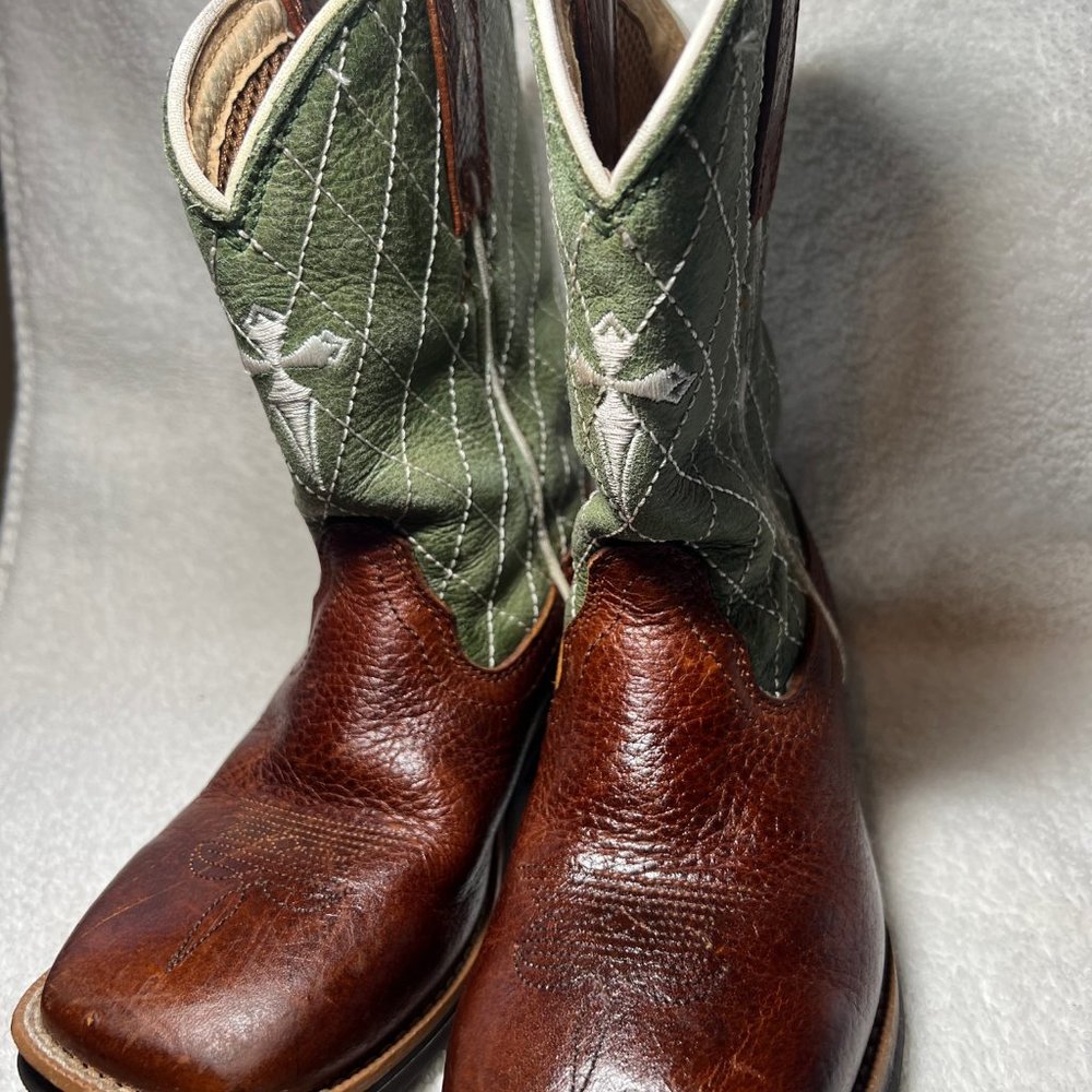 Twisted X Brown & Green Cross Leather Cowboy Boots-Pull on-Embroidered- - Picture 11 of 12